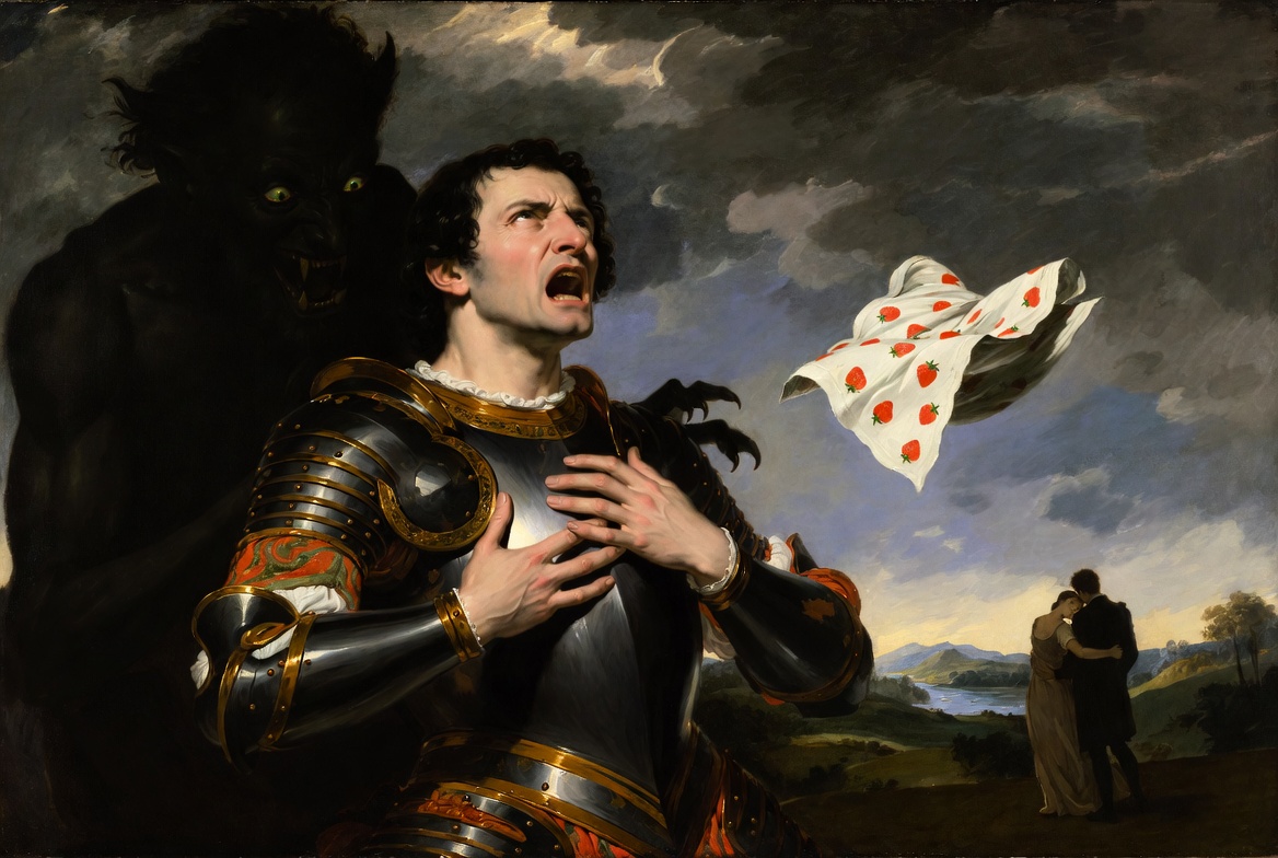 Othello jealousy theme illustration of the green-eyed monster and symbolic handkerchief