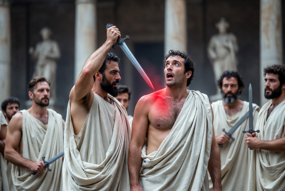 Casca as Caesars first stabber delivering the first blow in Shakespeare’s Julius Caesar assassination scene