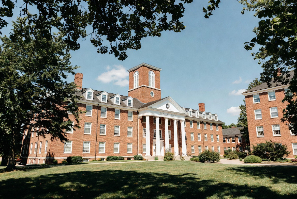 Exterior of historic James E. Morrow Library at Marshall University in Huntington WV showing Georgian Revival architecture and stacks tower