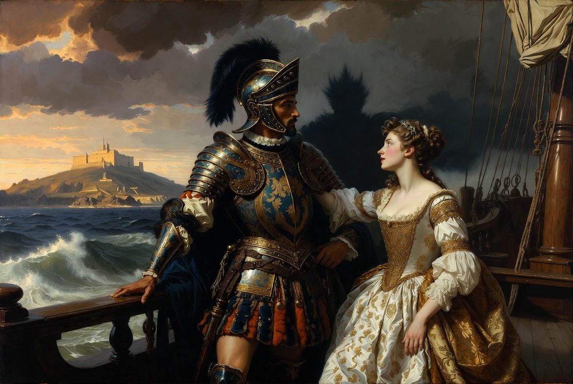 Othello plot summary illustration showing the Venetian general arriving in Cyprus with Desdemona amid rising tension