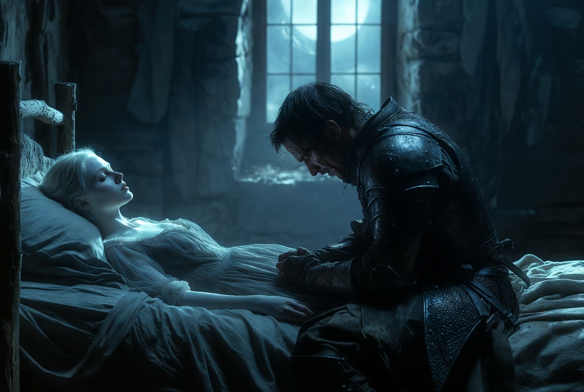 Othello mourning Desdemona in a tragic final scene filled with sorrow and regret