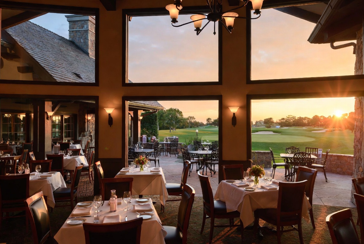 Elegant dining at the Empire Grille clubhouse at The Hamlet Golf and Country Club in Commack, NY, with views of the golf course at sunset