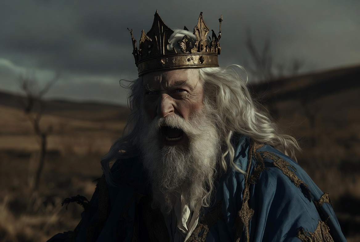 King Lear character portrait showing anguish and madness after losing power