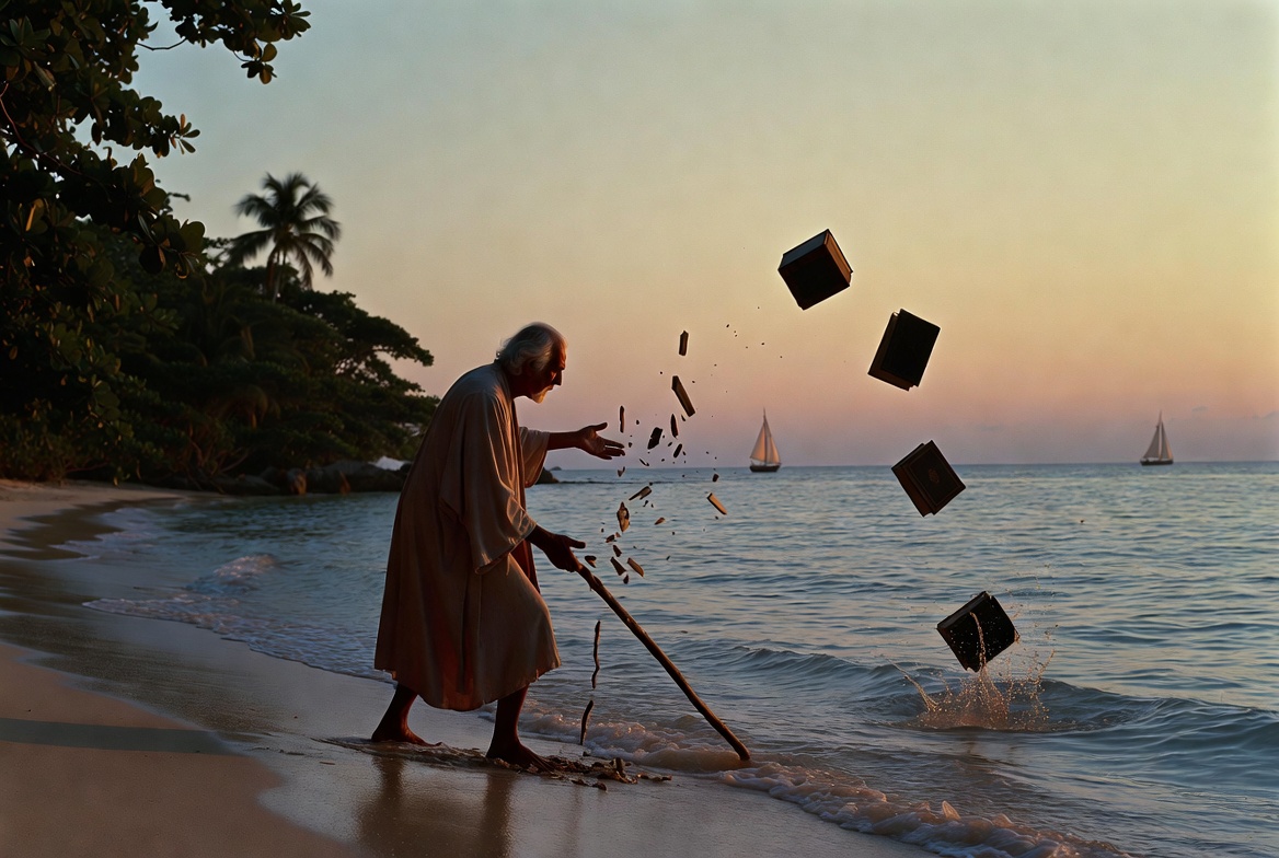 Prospero renouncing his magic in Shakespeare’s The Tempest final scene on the island shore