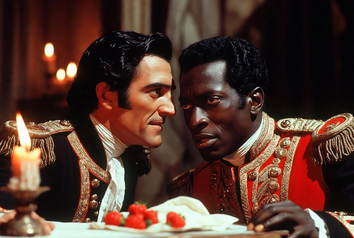 Scene-by-scene breakdown illustration of Act 3 temptation scene in Othello outline showing Iago manipulating Othello with the handkerchief