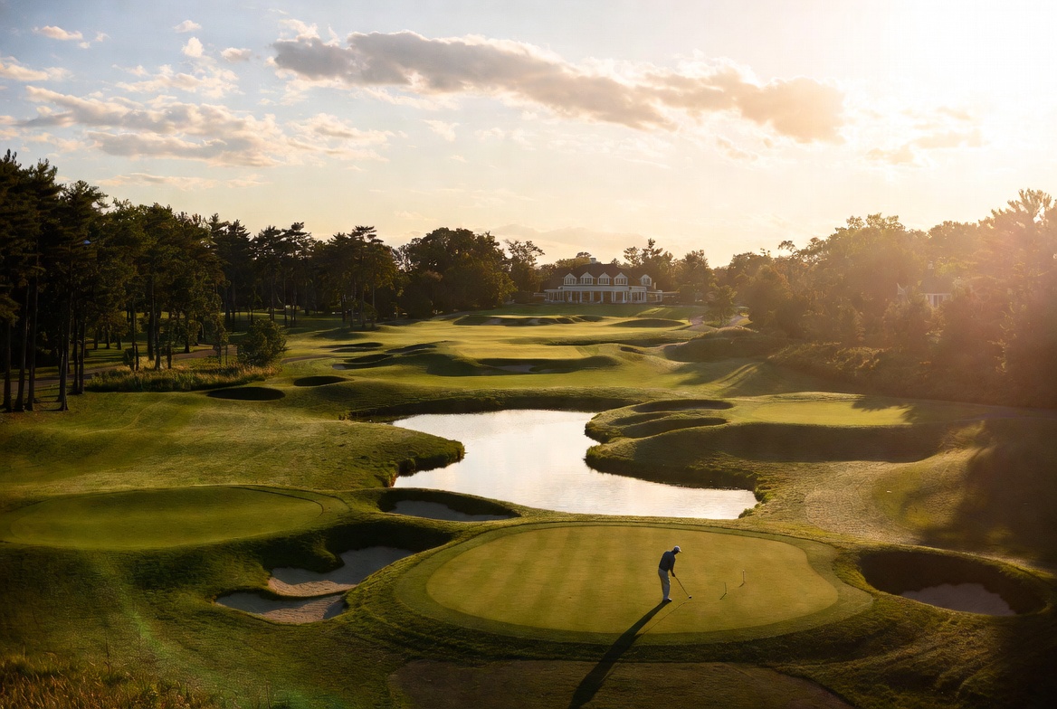 Championship 18-hole golf course at The Hamlet Golf and Country Club in Commack New York with fairways and water hazards
