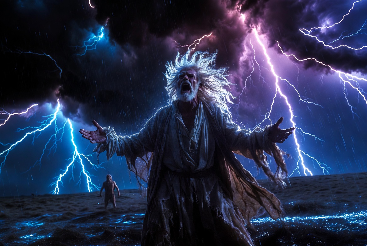 King Lear raging in the storm on the heath with the Fool, Kent, and Poor Tom – iconic Act 3 scene from Shakespeare’s tragedy