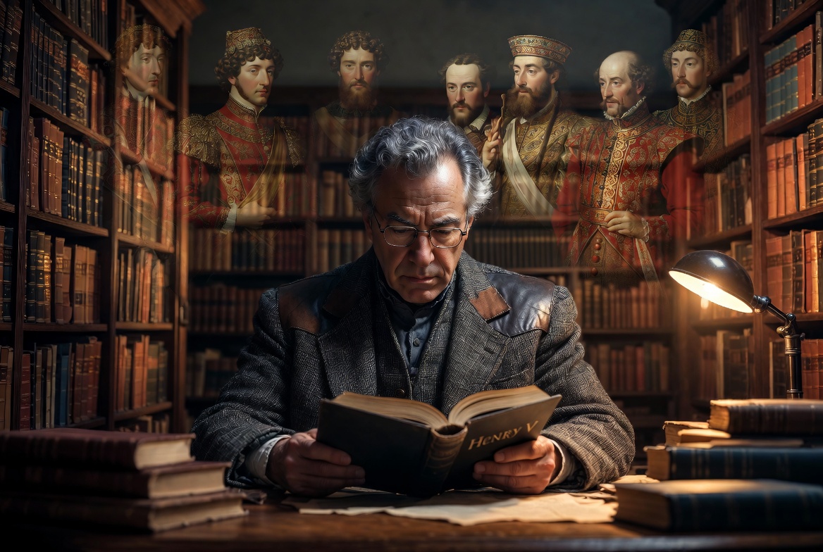 Harold Bloom literary portrait with Shakespeare Henry V books and subtle Falstaff overlay