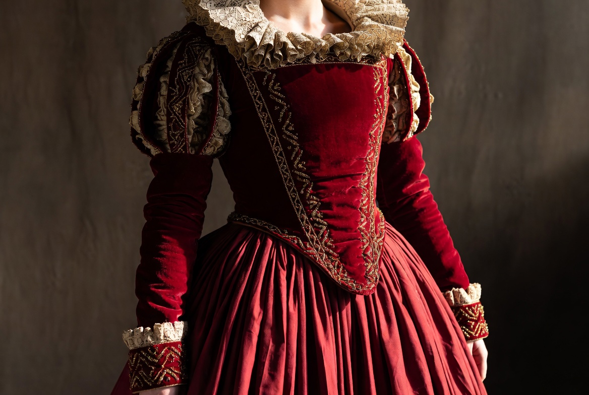 Lady Macbeth costume key elements Jacobean gown details bodice sleeves skirt
