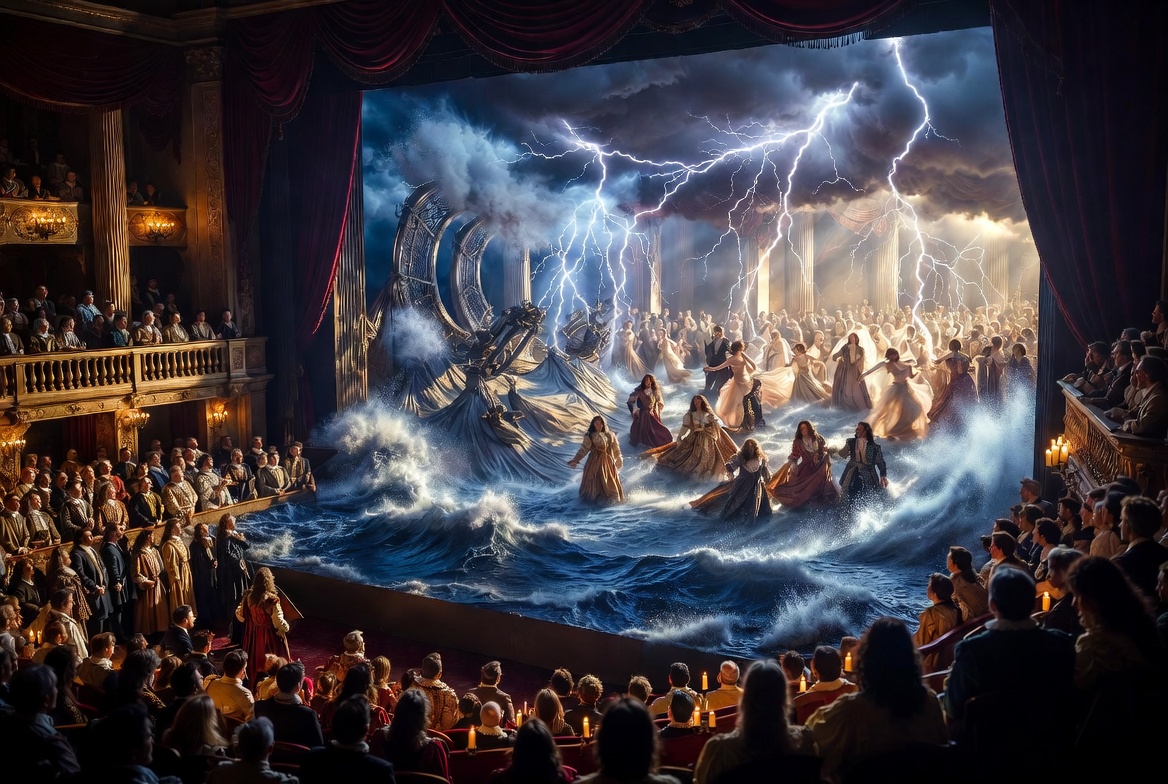 Jacobean court performance of Shakespeare’s The Tempest with spectacular storm and masque special effects