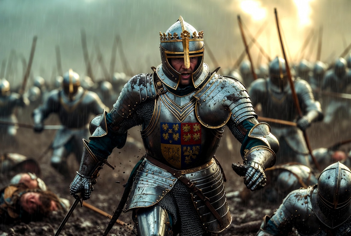 Henry V in full plate armor leading English troops at the Battle of Agincourt 1415