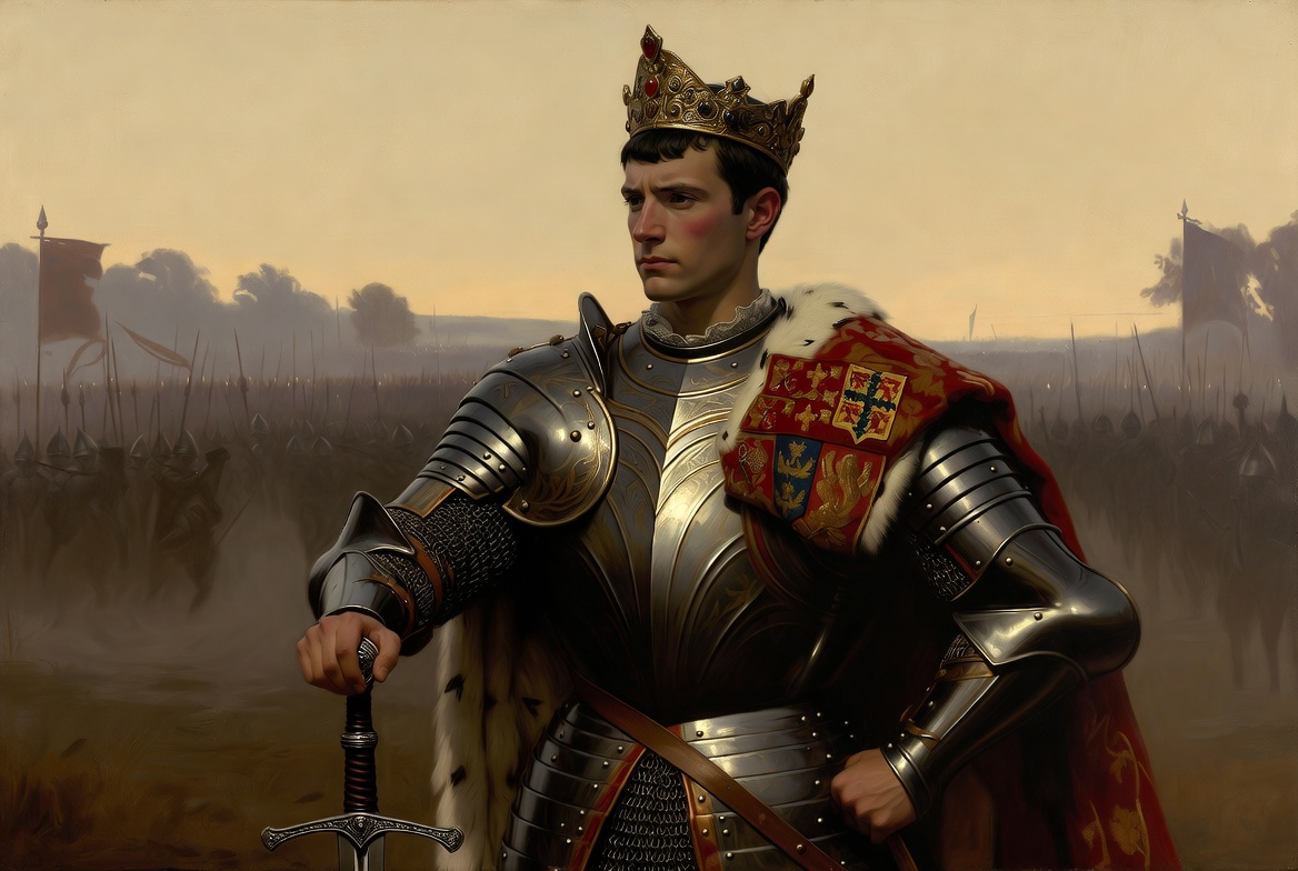 Historical King Henry V portrait in medieval armor, 1415 Agincourt era from Shakespeare Henry V play context