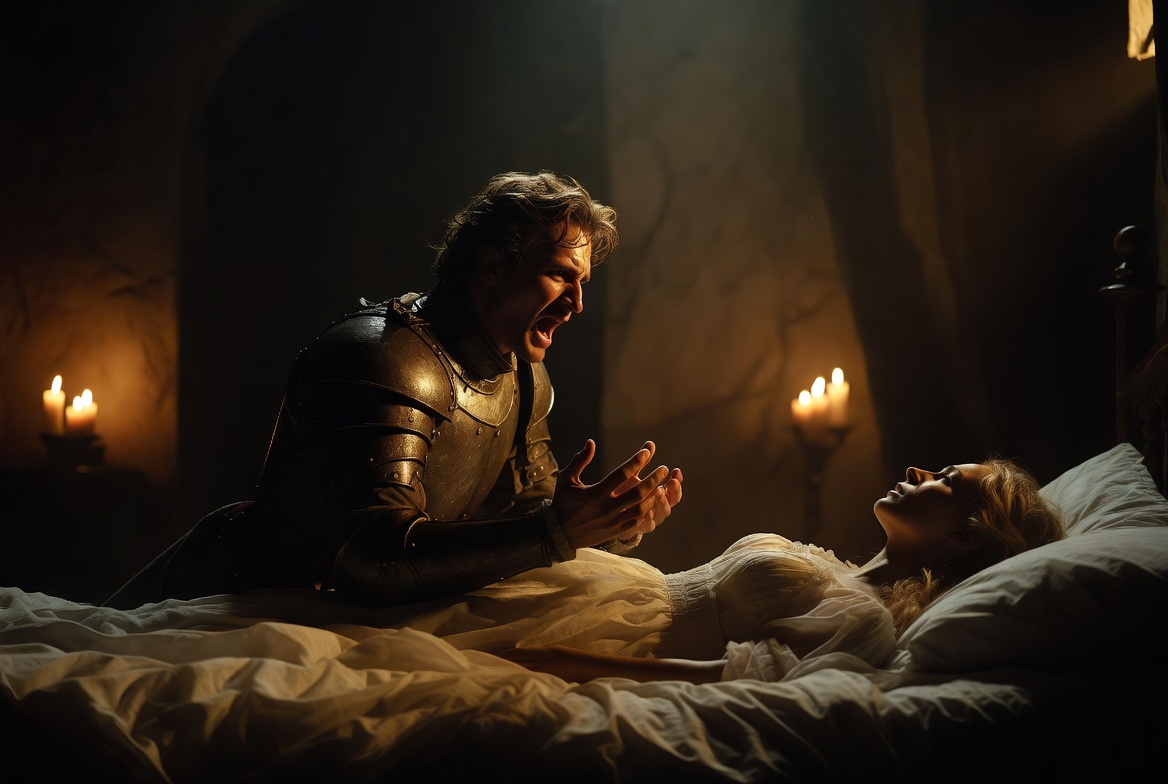 Othello and Desdemona tragic final scene representing love, jealousy, and loss