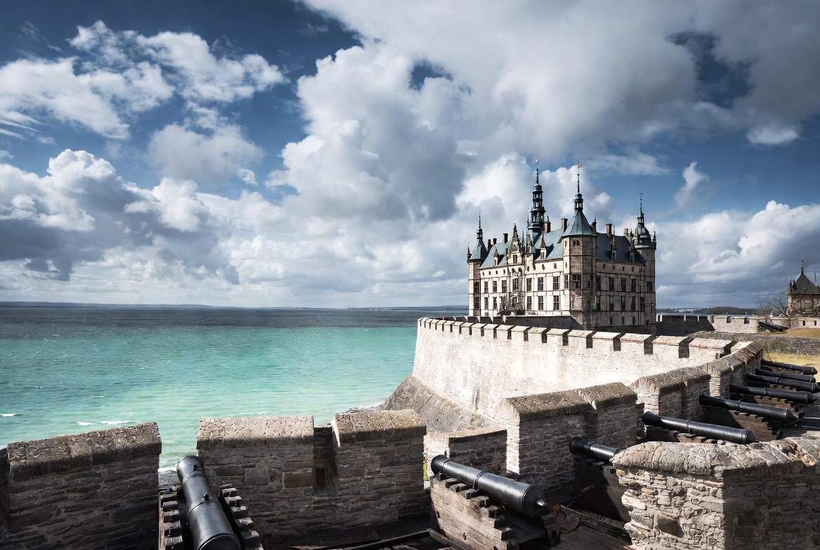 Kronborg Castle ramparts and battlements overlooking the Øresund Strait in Denmark