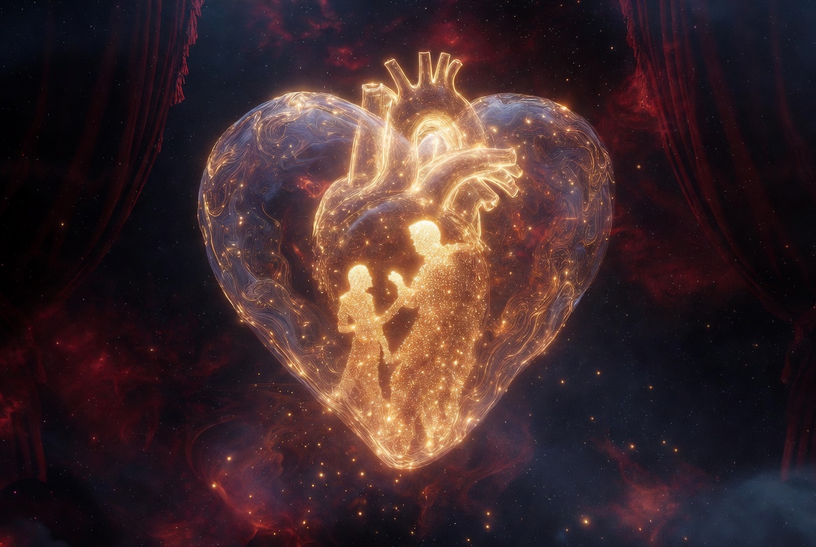 Shakespeare emotional universe glowing heart with Elizabethan theater elements symbolizing masters of the heart fanas hies