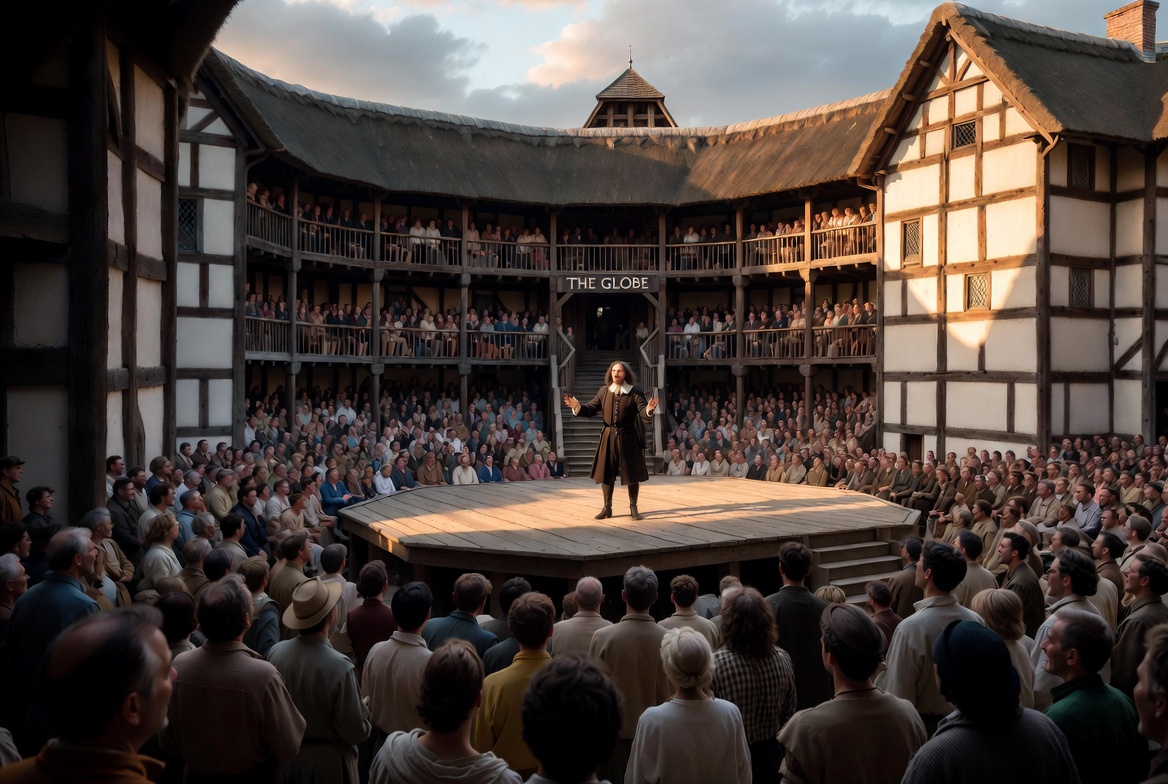 William Shakespeare performing for working-class groundlings at the Globe Theatre – Bard’s connection to ordinary people