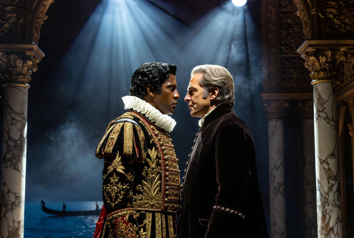 Denzel Washington as Othello confronting Iago in the 2025 Broadway production cast ensemble