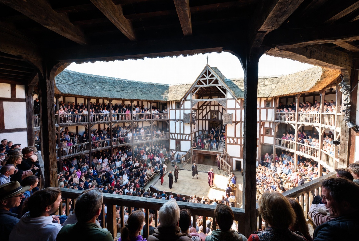 Historic Globe Theatre Elizabethan stage with actors and audience during Shakespeare performance