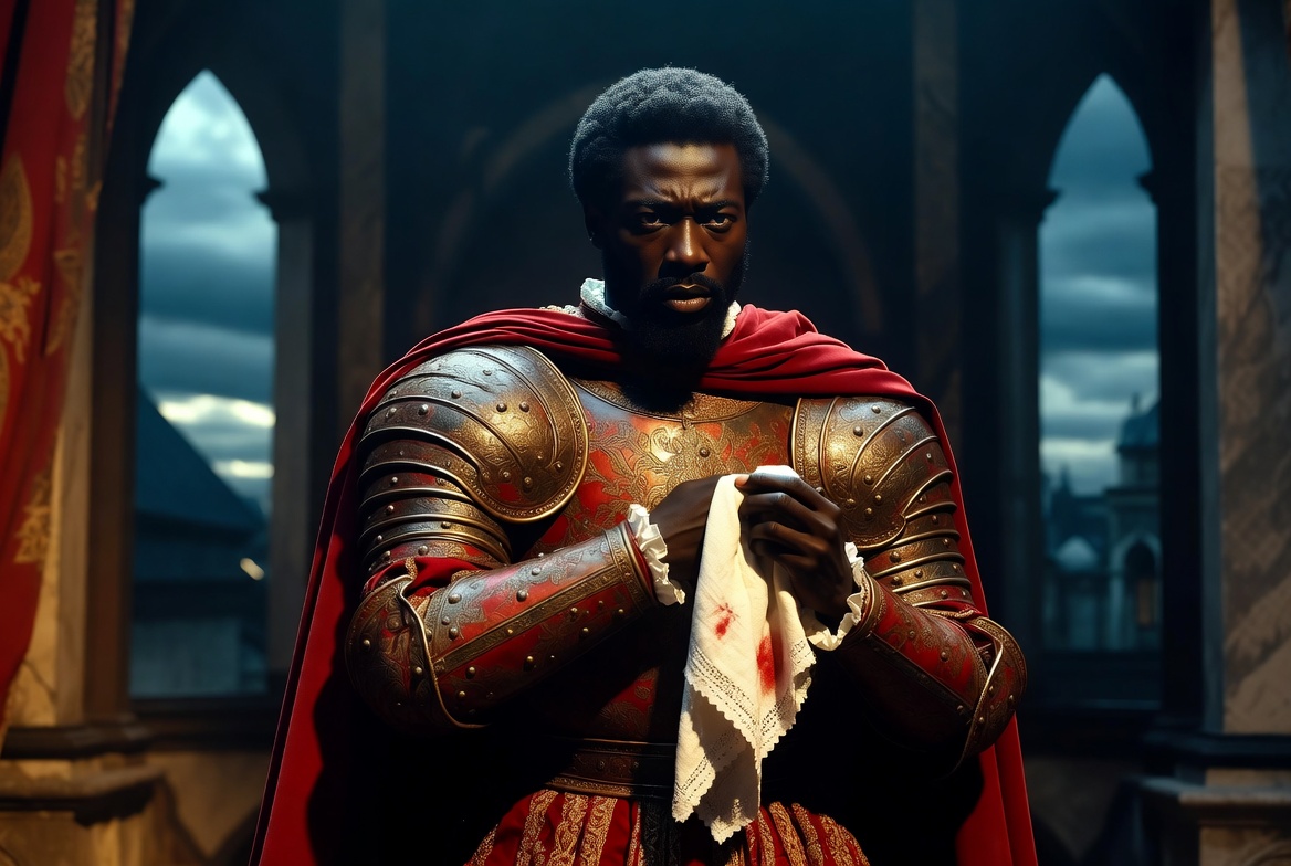 Othello character portrait as the tragic Moor of Venice holding the symbolic handkerchief in Shakespeare’s Othello