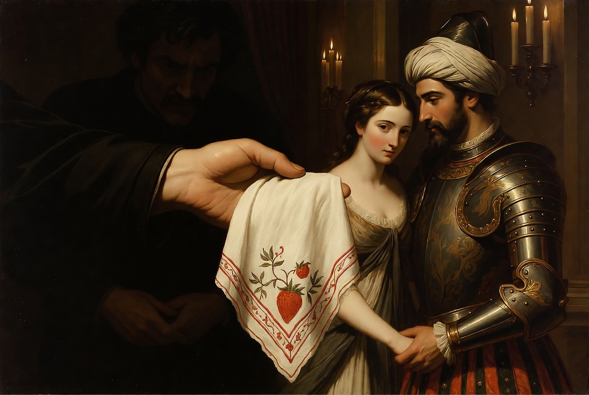 Othello handkerchief symbolism illustration in Renaissance dramatic style