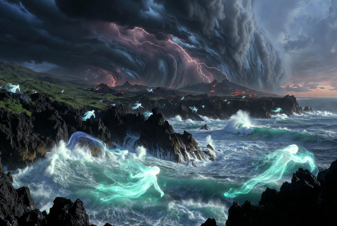 Shakespeare The Tempest volcanic island with magical spirits and storm in Julie Taymor 2010 film style