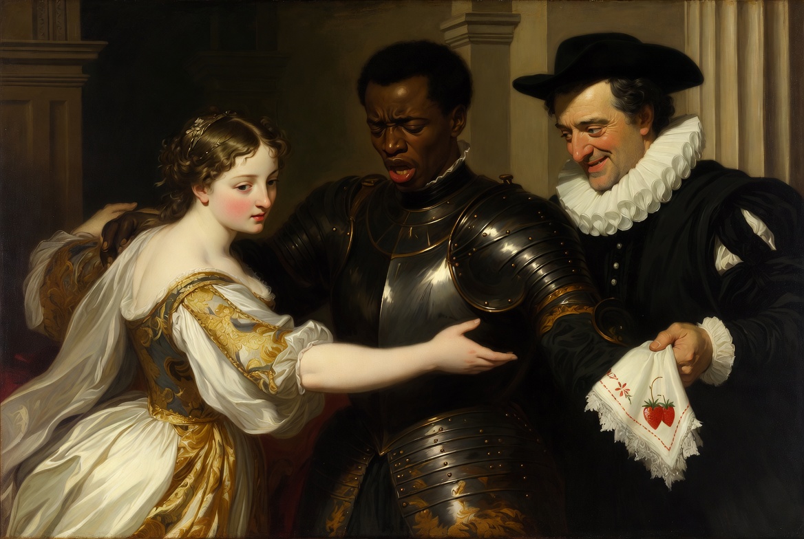 Othello characters analysis portrait of Othello, Desdemona, and Iago in Renaissance style