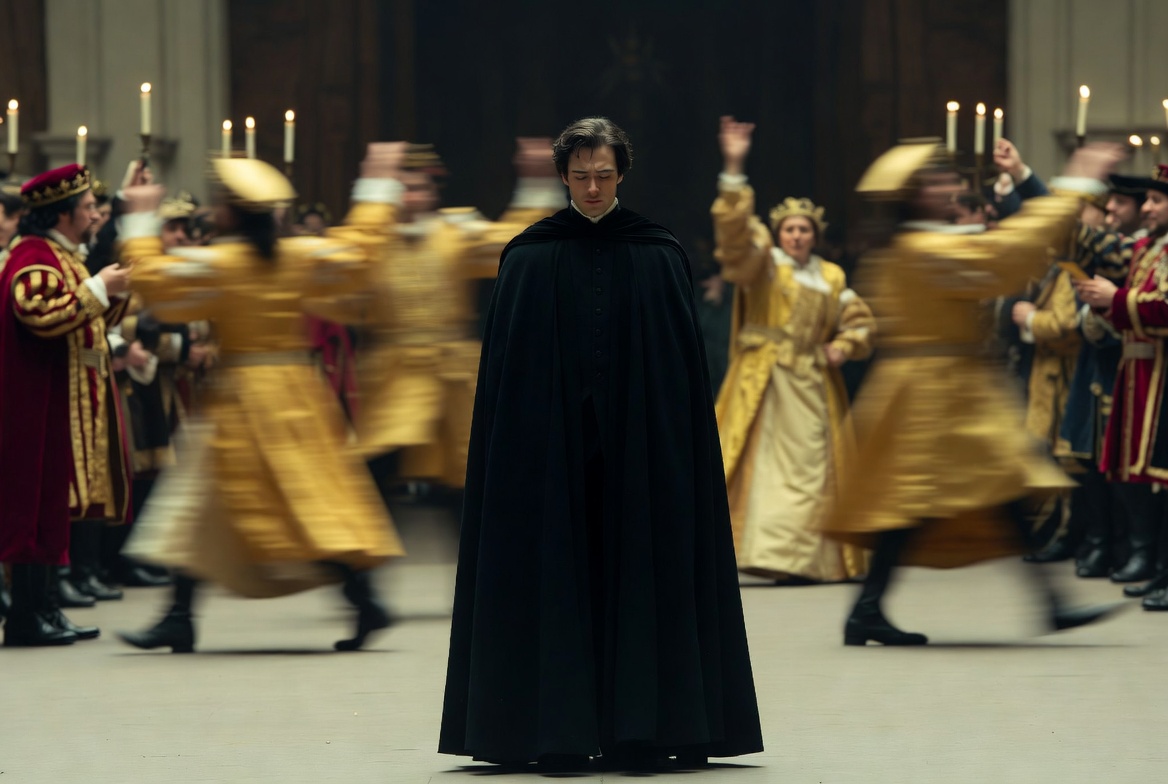Hamlet in black inky cloak mourning in colorful Elizabethan court symbolizing grief and isolation