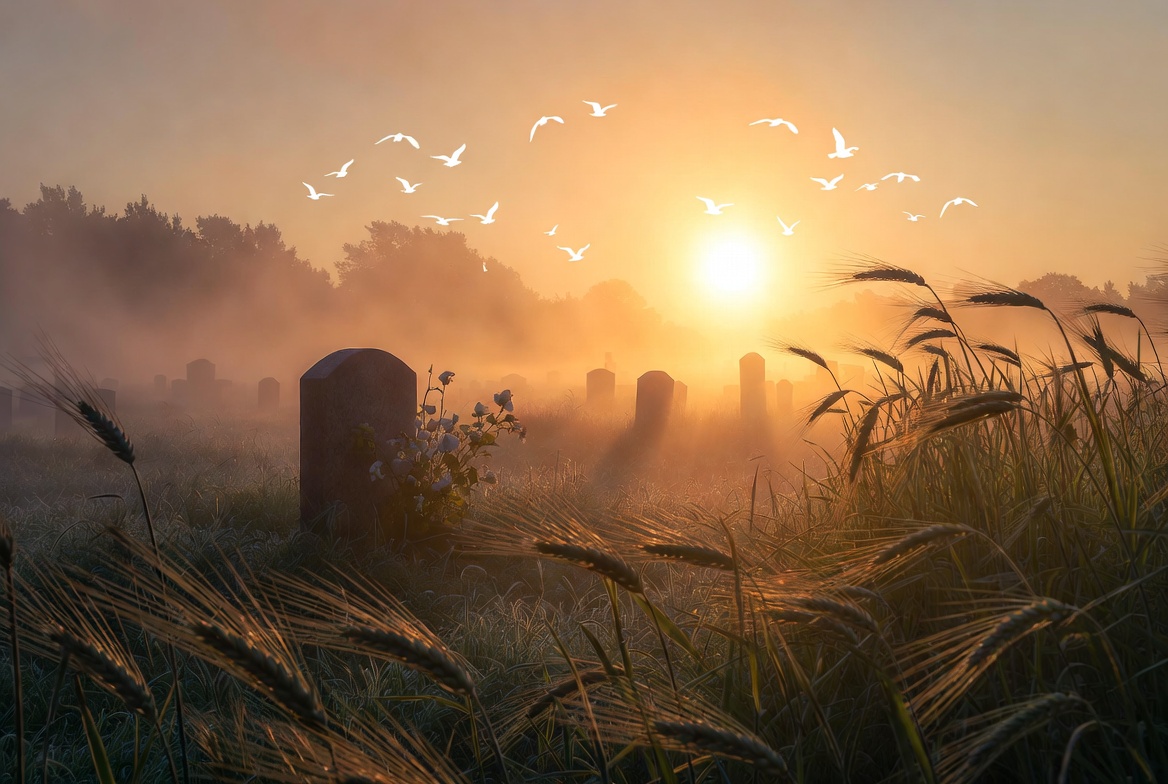 Cultural impact of Do Not Stand at My Grave and Weep as a popular funeral poem shown in serene graveyard scene