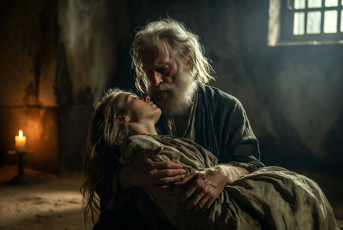 King Lear characterisation: Tragic king holding Cordelia in final reconciliation and grief scene