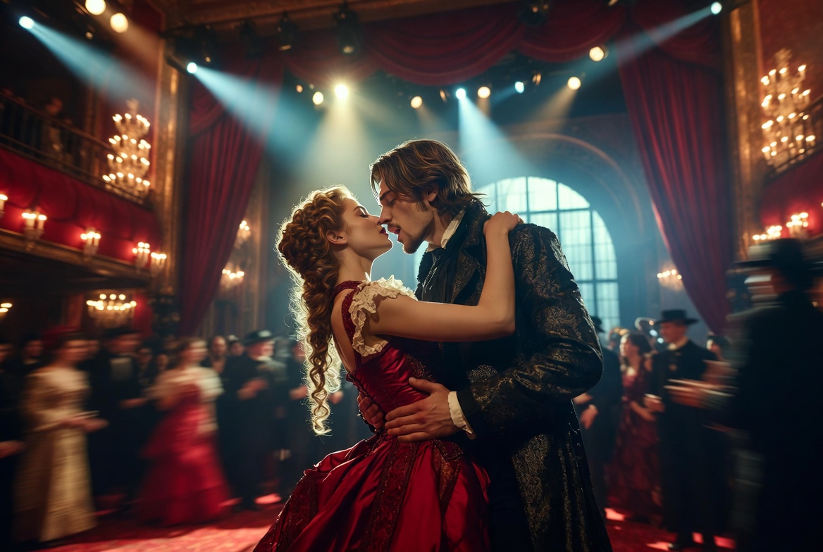 Passionate embrace scene from Moulin Rouge cabaret setting