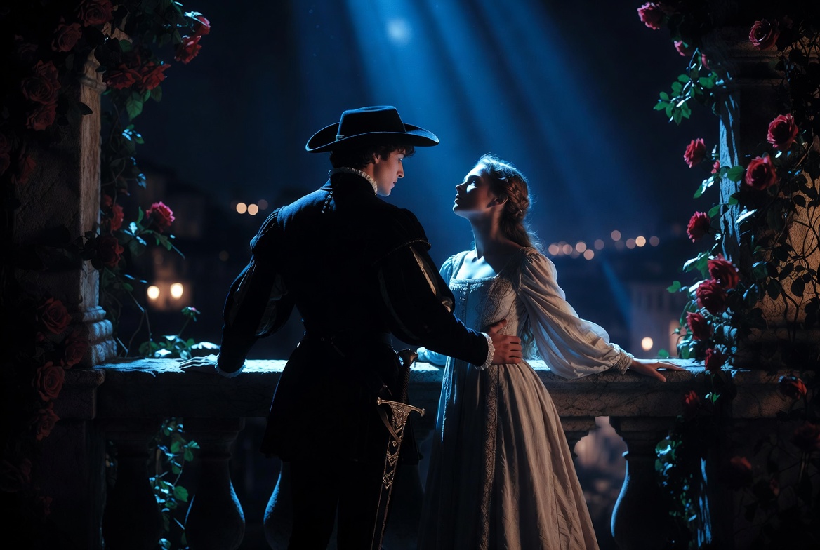 Romantic moonlit balcony scene inspired by Romeo and Juliet
