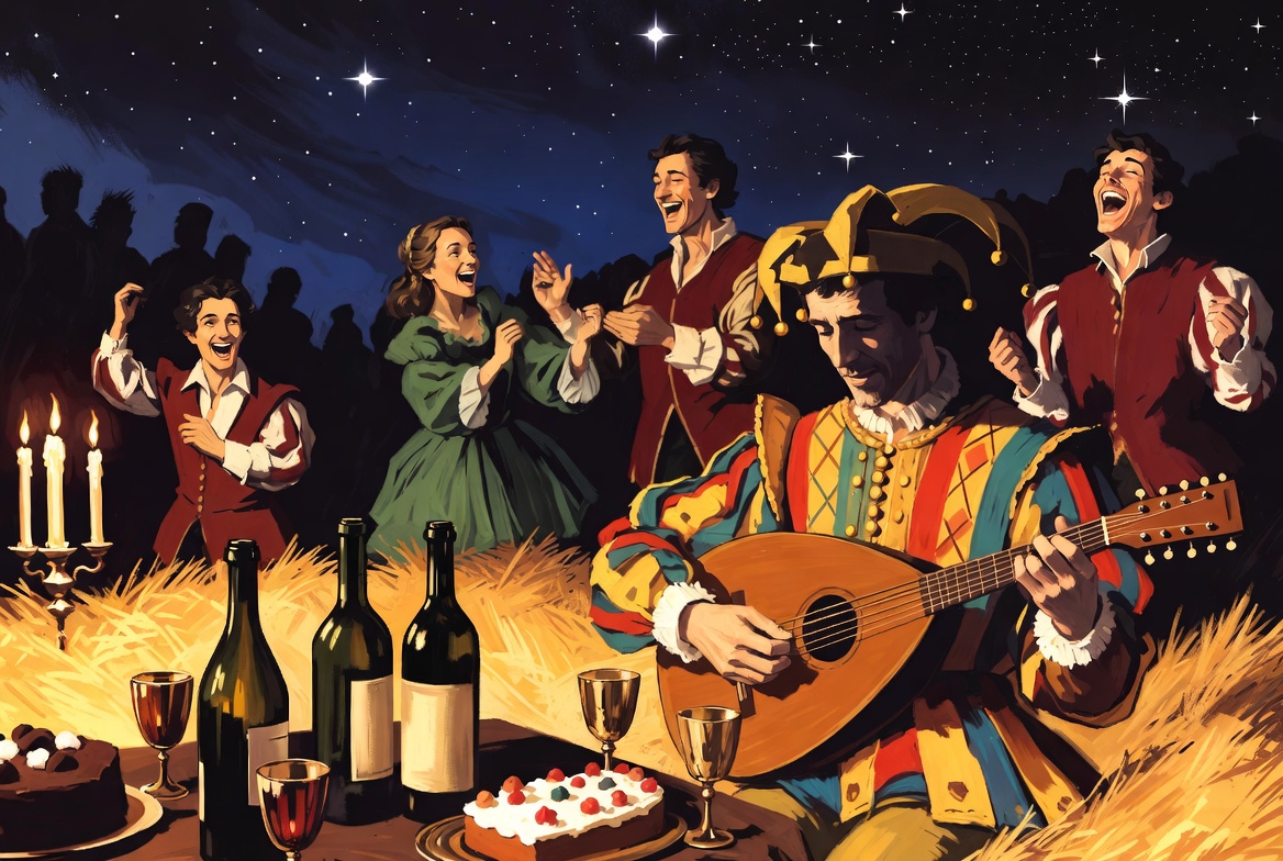 Festive scene with fool and revelry capturing witty quotes from Twelfth Night