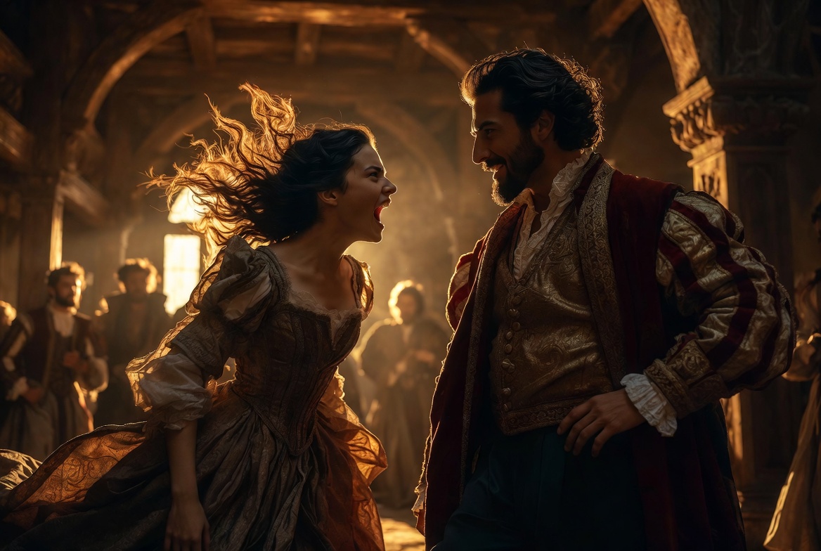 Elizabeth Taylor and Richard Burton as Katharina and Petruchio in a dramatic confrontation scene from The Taming of the Shrew