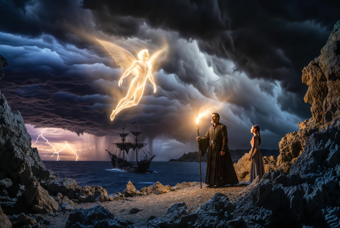 Shakespeare The Tempest play scene with Prospero and Ariel