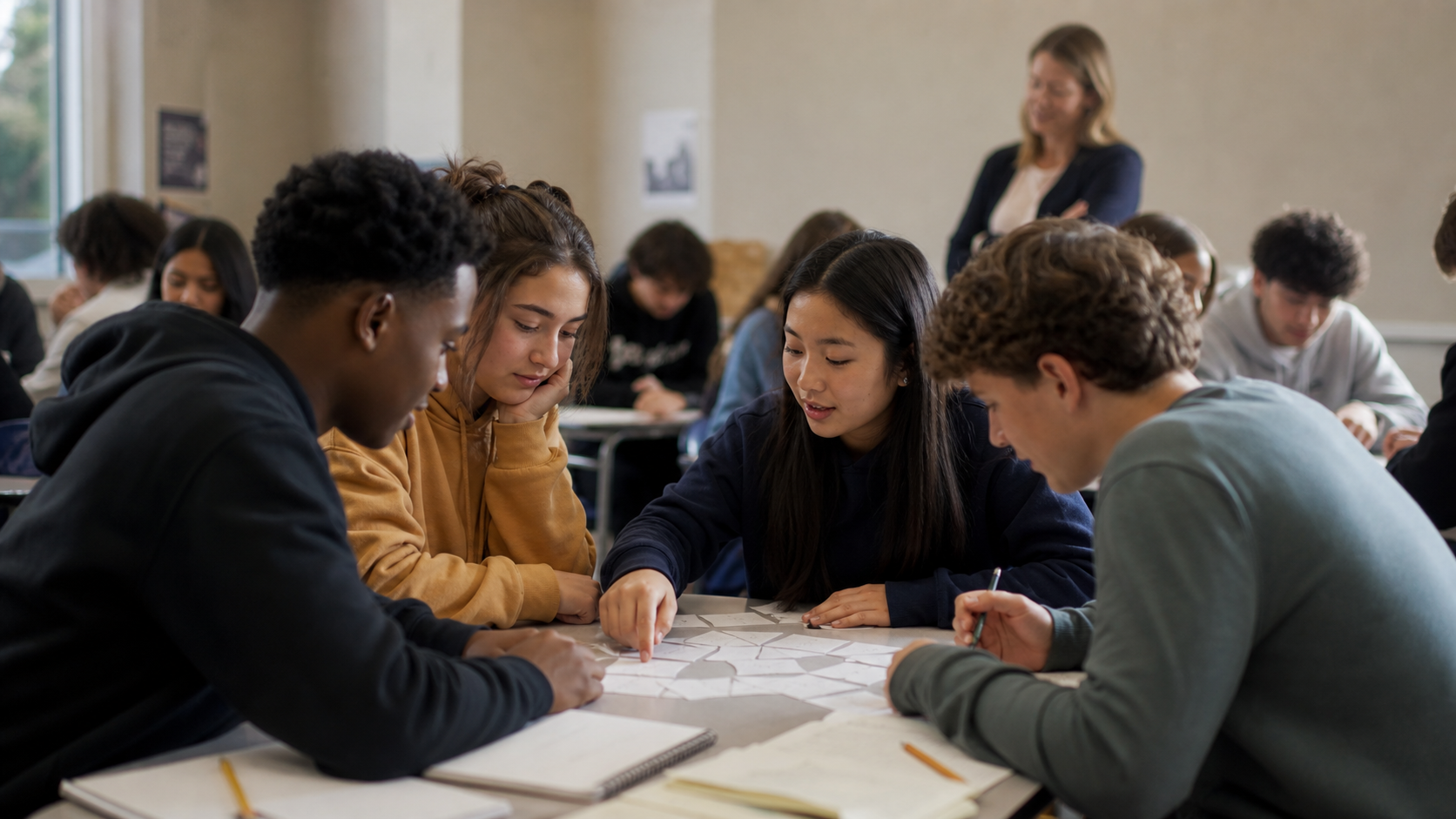 Students solving crossword puzzles in classroom to learn Romeo and Juliet interactively