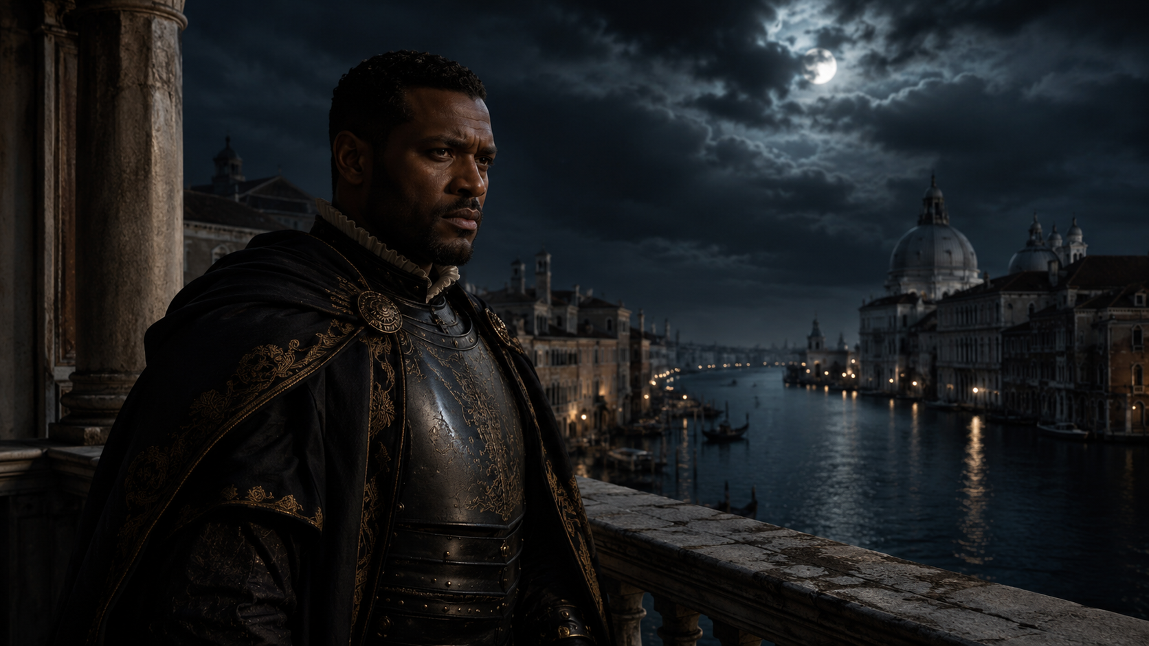 Othello standing in Venice reflecting Shakespeare tragedy themes