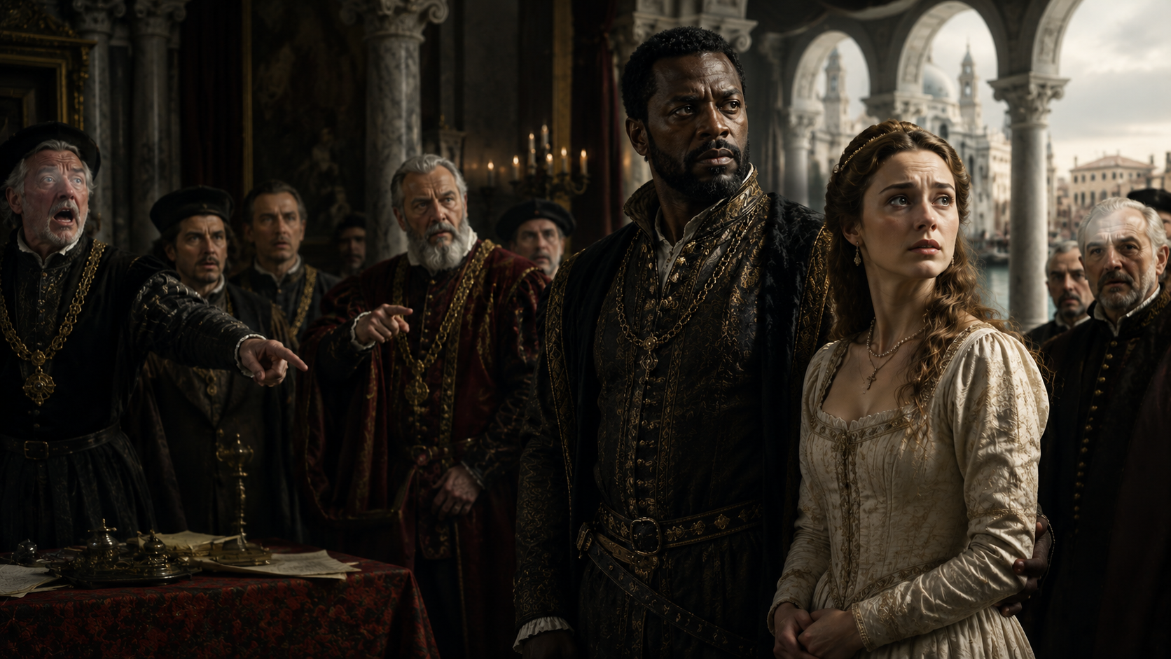 Othello and Desdemona before Venetian nobles in Shakespeare play