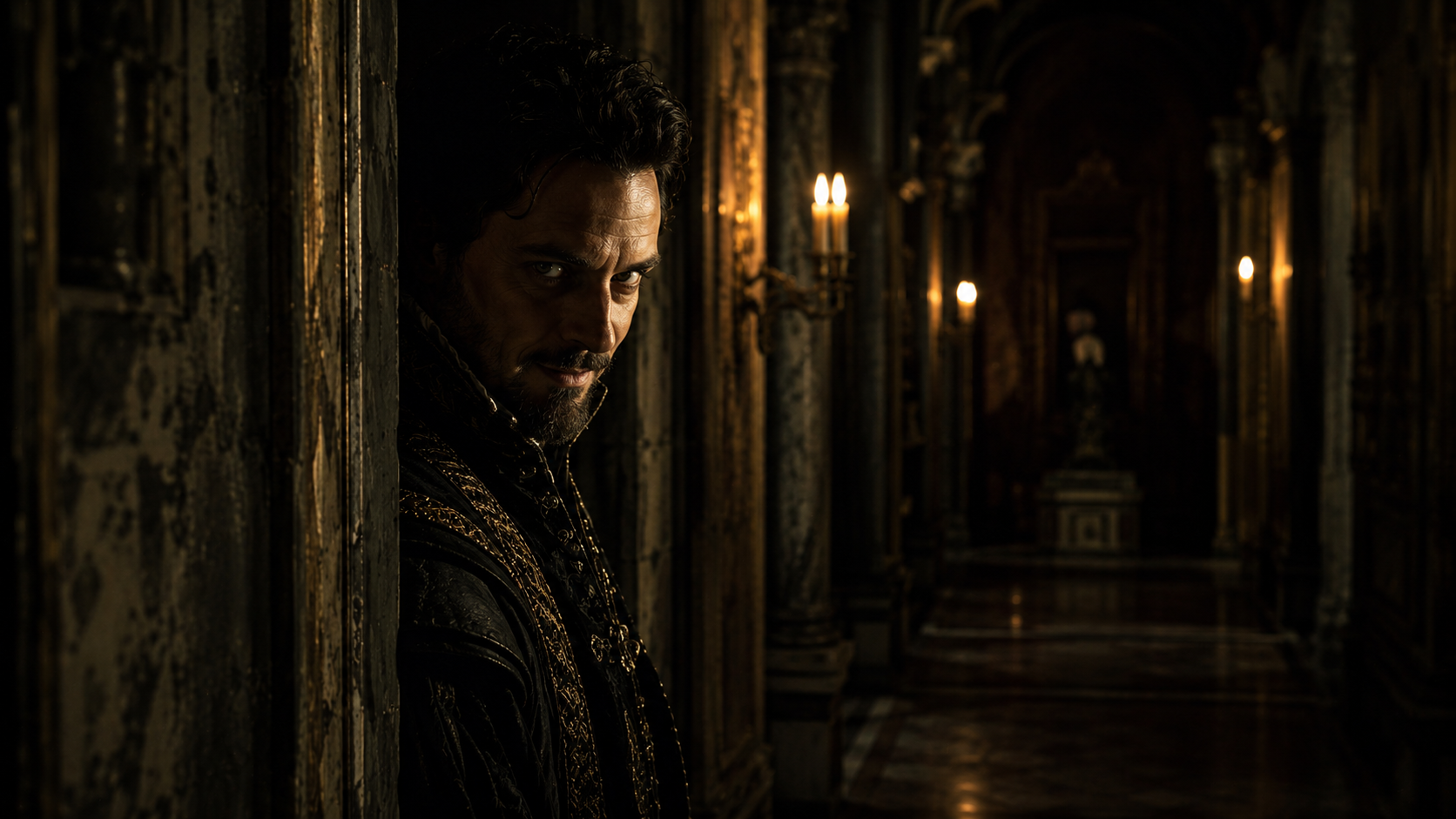 Dark cinematic portrait inspired by Iago from Othello