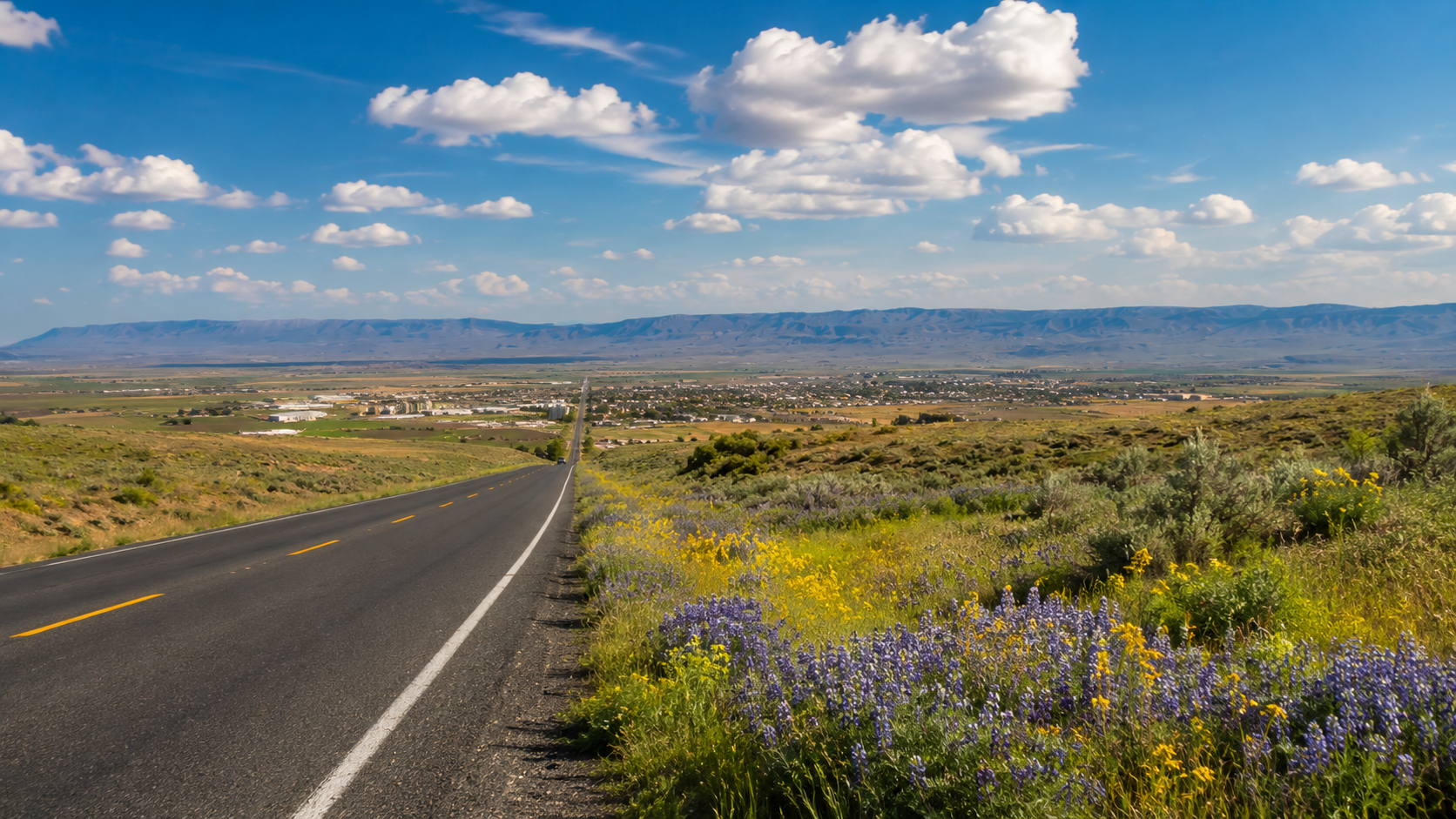 Scenic road into Othello Washington during spring in the Pacific Northwest