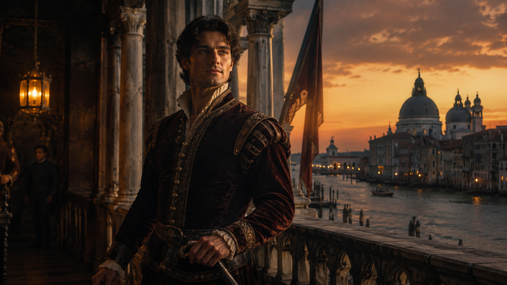 Michael Cassio as a charming young Florentine lieutenant in Venetian Renaissance setting