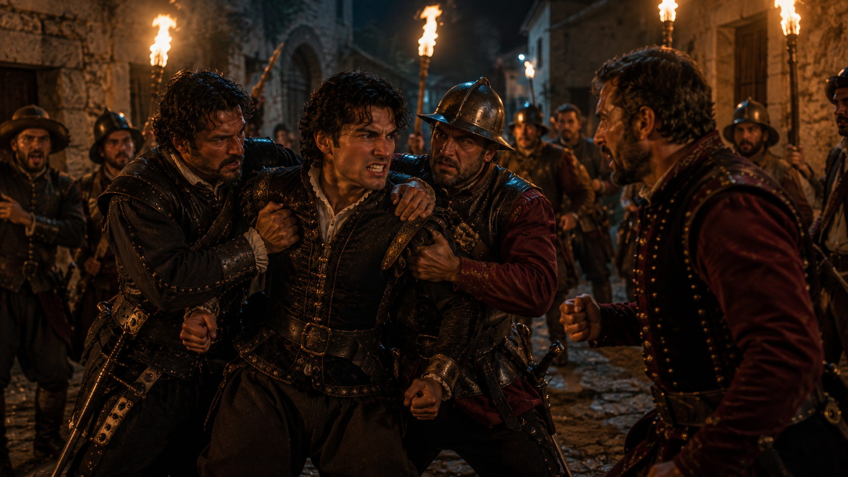 Cassio involved in the drunken brawl scene from Othello Act 2