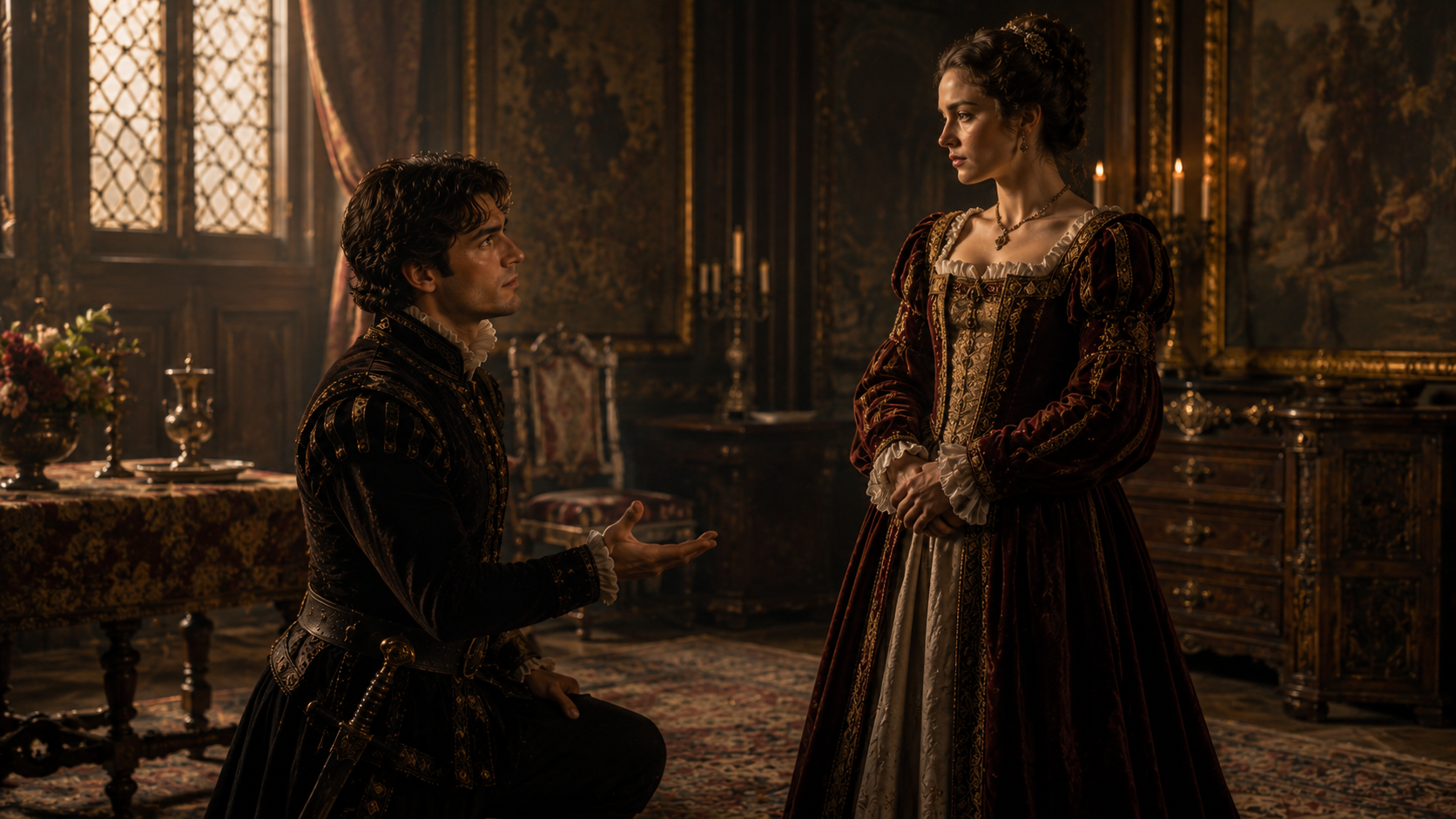 Cassio pleading with Desdemona to restore his position in Othello