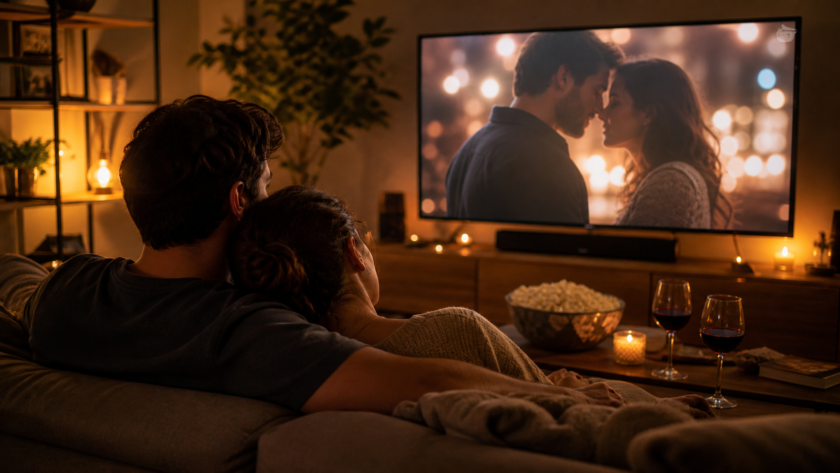 Couple enjoying a romantic movie night together on the couch