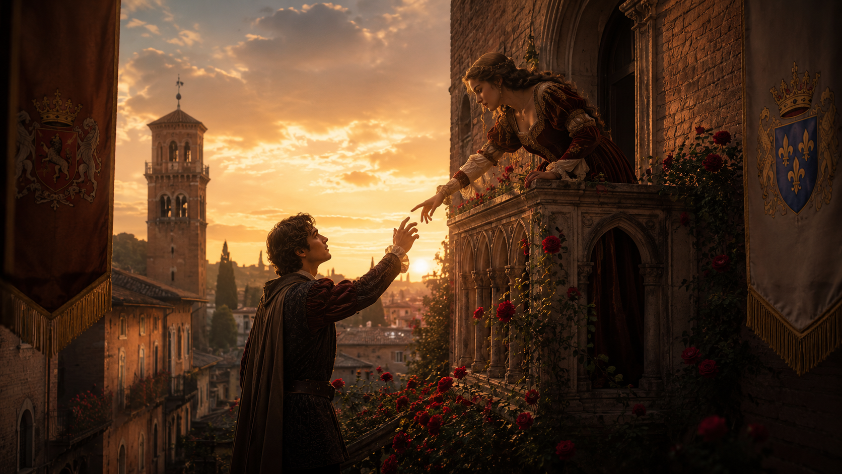 Classic Romeo and Juliet balcony scene from traditional film adaptations