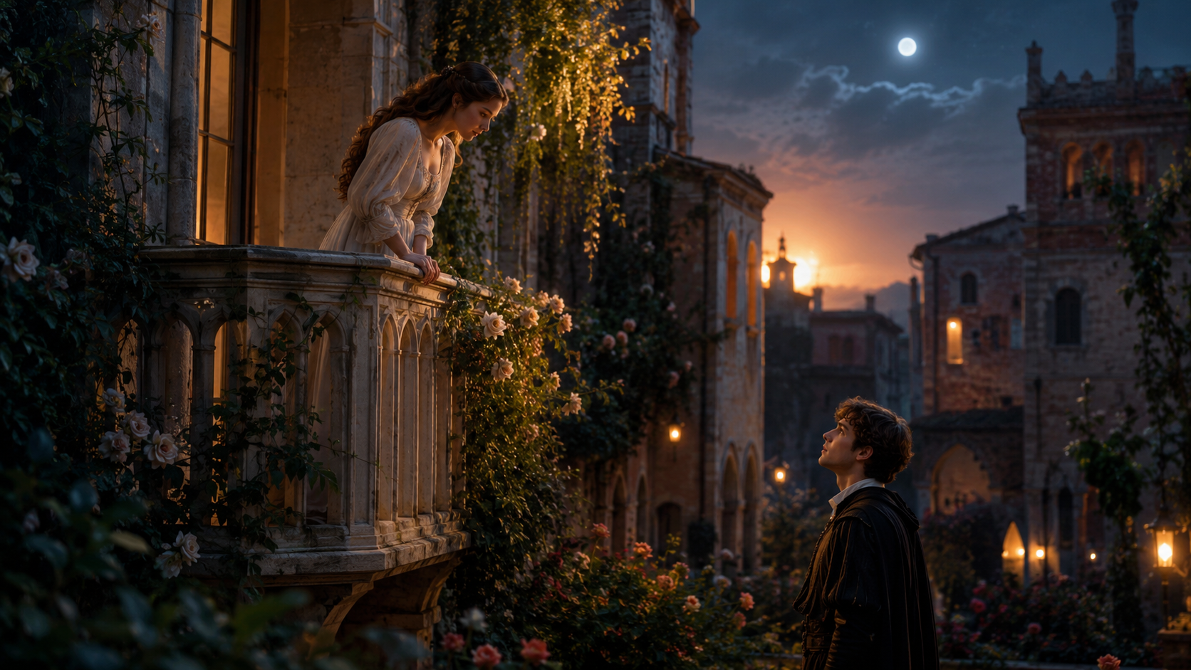 Romeo and Juliet inspired balcony scene symbolizing youthful love and tragedy in Verona