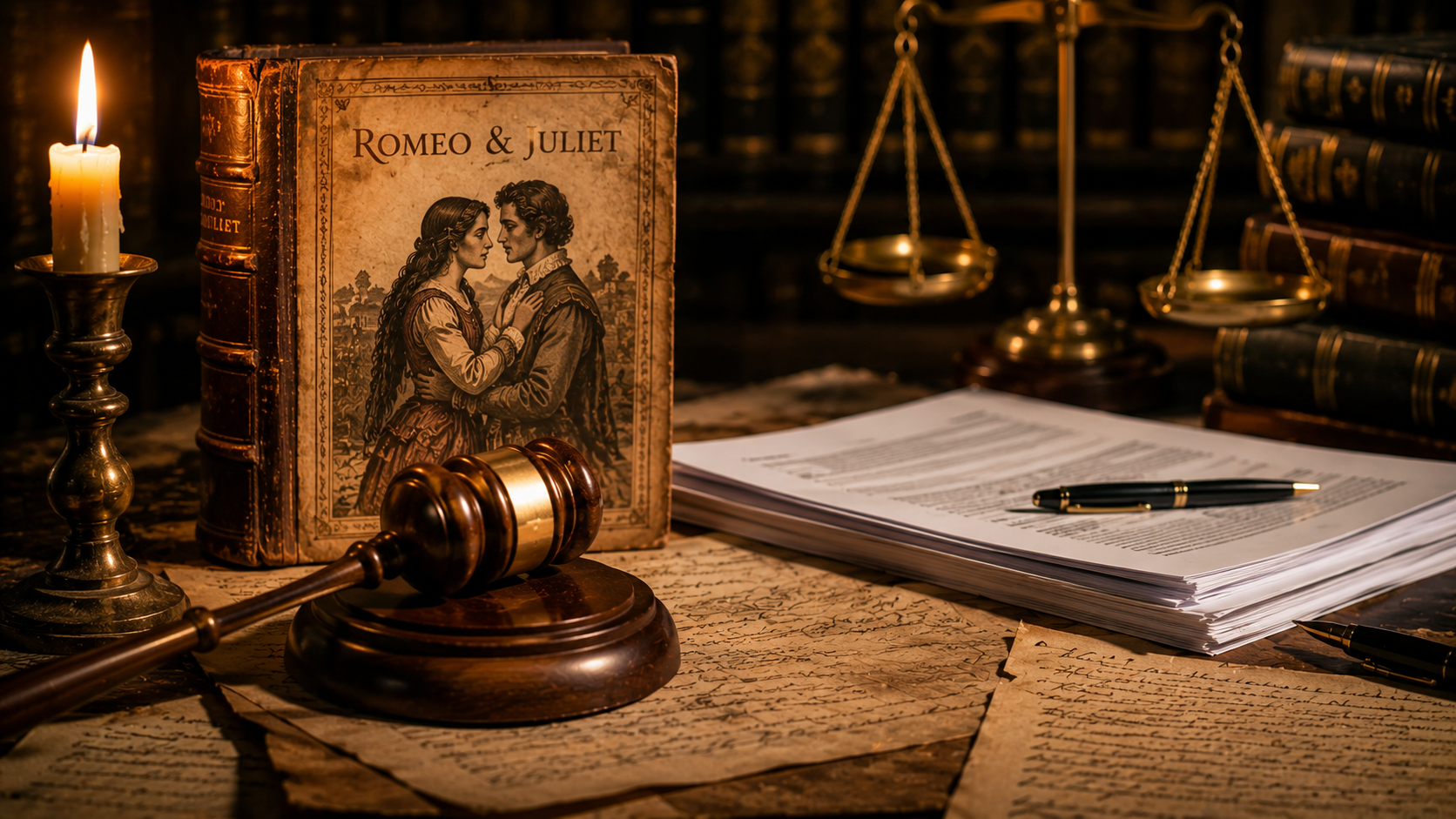 “Romeo and Juliet book beside legal documents and judge gavel symbolizing modern law”