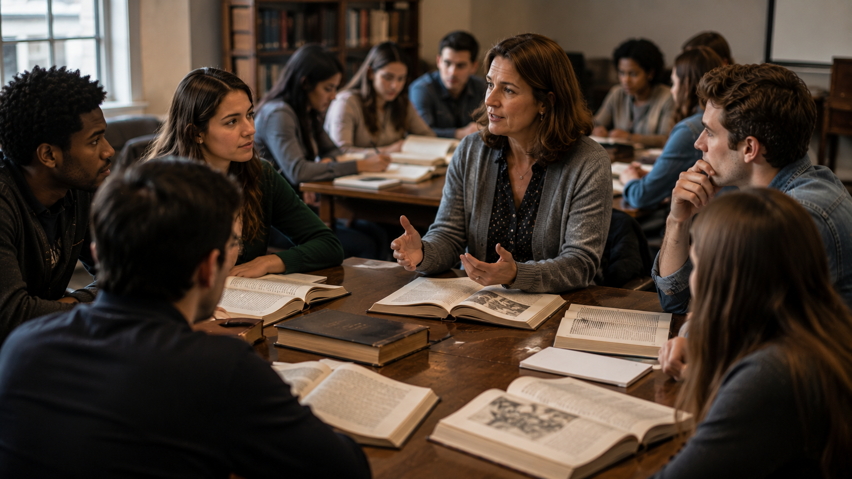 “Students discussing Romeo and Juliet themes of law ethics and relationships in a modern classroom”