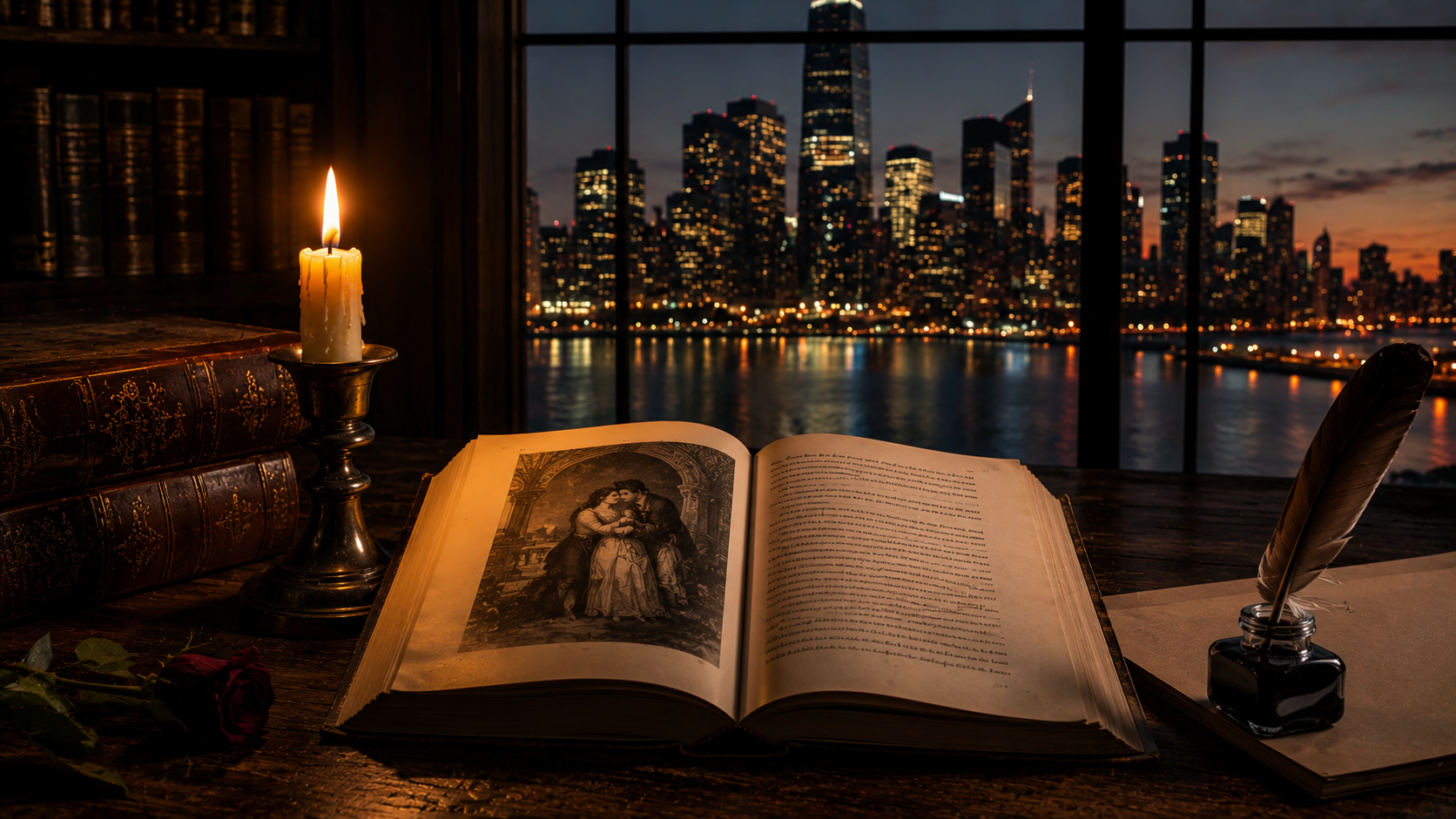 “Open Romeo and Juliet book with candle and modern skyline representing Shakespeare’s timeless relevance”