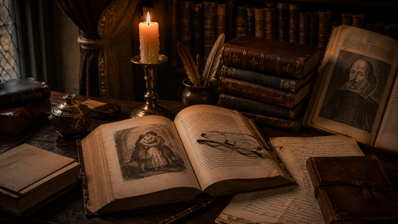 “Shakespeare scholarship desk with Romeo and Juliet manuscripts and candlelight”