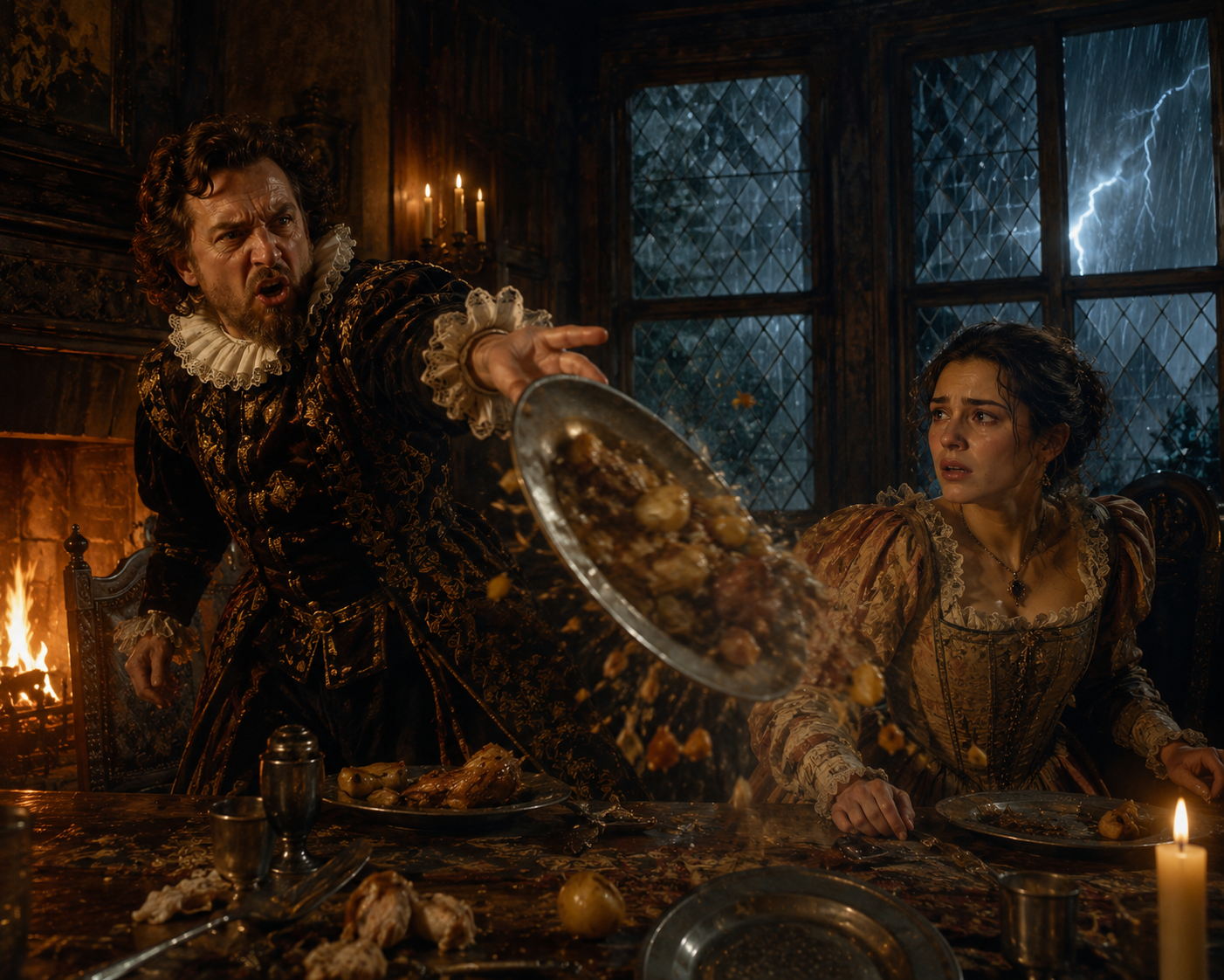 Petruchio taming school scene throwing food in the Taming of the Shrew Act 4